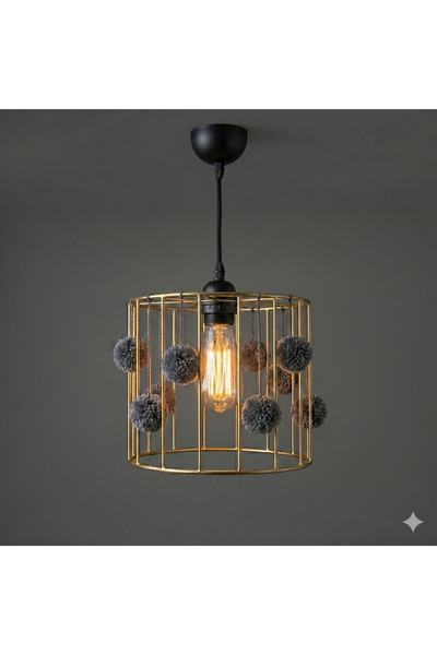 NGAHOME El Yapımı Siyah Tel Kafes Ponponlu Dekoratif Avize (20x15 cm) - LED A...
