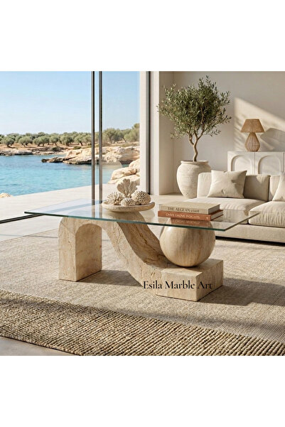ESİLA MARBLE Modern Traverten Formlu Cam Orta Sehpa