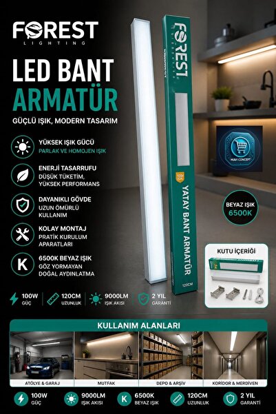 Forest LED Bant Armatür 120 cm 100W 6500K 9000 lm Beyaz Işık Garaj Atölye Dep...