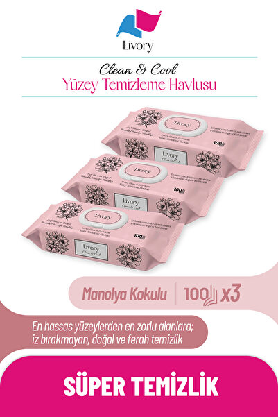 Livory 3 Adet Manolya Kokulu Yüzey Temizleme Havlusu Doğal Pratik Hijyenik Fe...