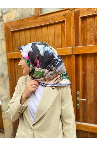 Seyra Navy Blue Geometric Pattern Tivil Silk Scarf Ist 3575