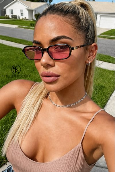 Straight Light Women's Dikdortgen Sun Glasses Leopard Cerceve Gold Detail Pink Glass Uv400 Sik Model