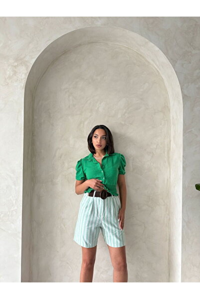 Caddebostan Moda Striped Belted Linen Shorts High Waist Summer Casual Shorts