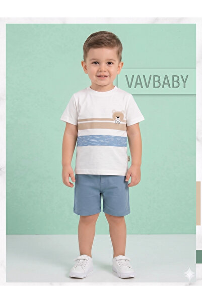 VaVbaby Boy's Teddy Bear Printed Striped Short Sleeve T-Shirt and Shorts Set ...