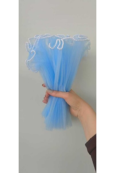 hobidaşım İnci İşlemeli Dalgalı Kenar Buket Tülü - 40 cm Mavi