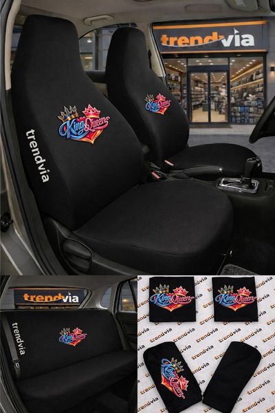trivexa King & Queen Logo Car Seat Cover Front Rear Set – Combed Cotton Lycra...