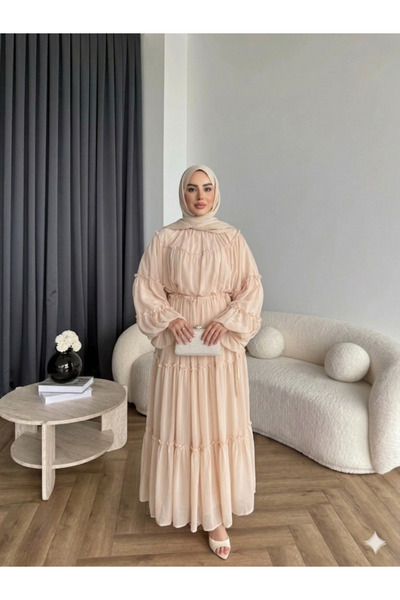 RFK Butik فستان شيفون نسائي مزين بالكشكشة وتفاصيل الدانتيل - لون بودرة