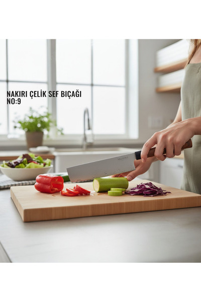 Minteks Home Ahşap Saplı İnci Kaplama 31cm Nakiri Çelik Şef Bıçağı Bıçak