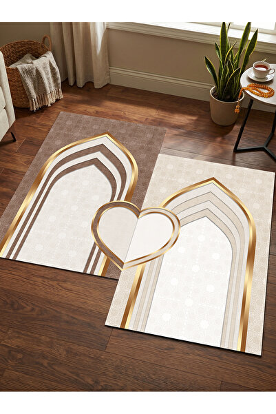 patron halı Sec_540 Heart-Shaped Prayer Rug Non-Slip Base Double Prayer Rug S...