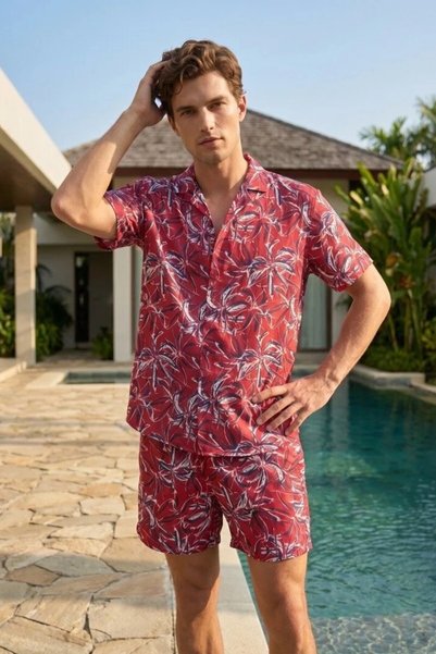 MADZEYMODA Men's Multi-Colored Digital Print Patterned Shirt & Swim Shorts Bottom Top Beach Set Ls-16086/95790
