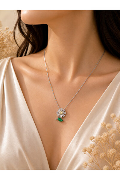 Lilith Takı Daisy Figured Stone Necklace Silver Color Elegant Flower Design S...