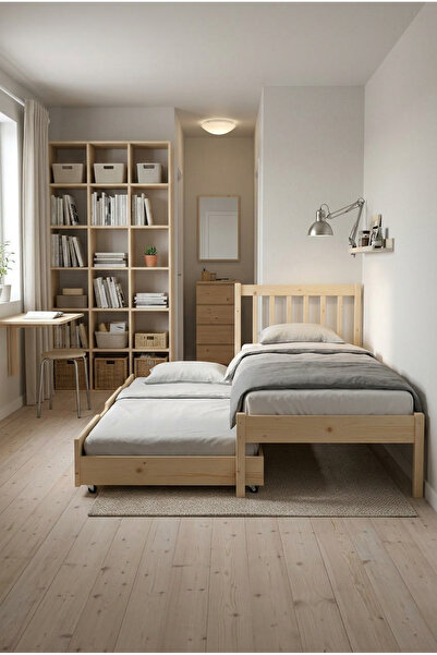 Loolpi Home Tera Twin Masif Karyola Doğal Ahşap Yavrulu Yatak