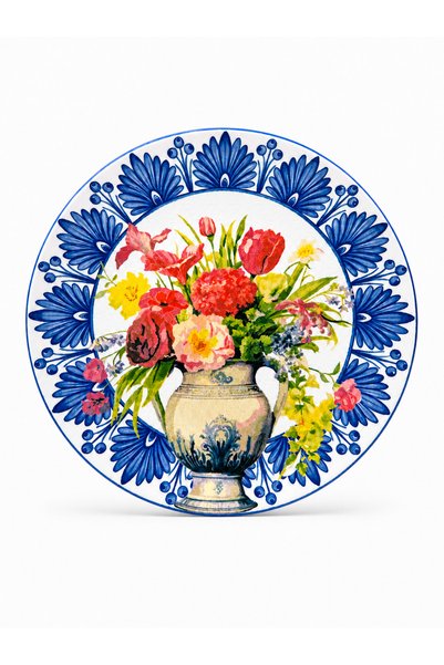 grandora Vase and Colorful Floral Patterned (6 Pieces, 27 cm) Serving and Breakfast Plate Set - Presentation Plates