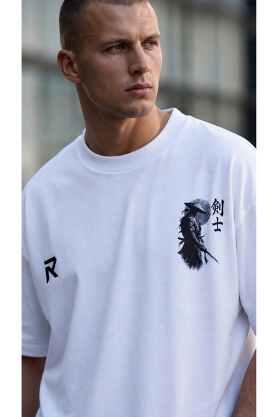Erkek Oversize Tişört Beyaz Baskılı Pamuklu Rahat Kalıp Streetwear T-Shirt