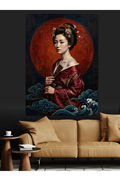 Artmeg Femeie în kimono în fața lunii roșii - Pânză decorativă - Masă din lem...