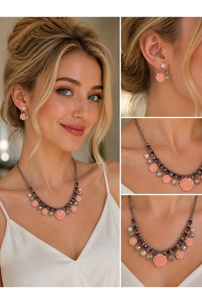 ELUNE İSTANBUL &Milano Pink Purple Rose Detailed Stone Necklace & Earring Set