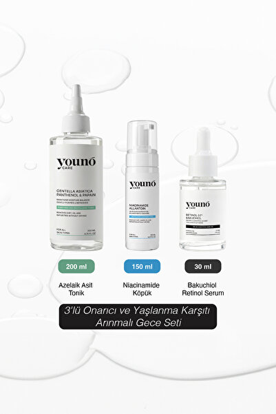 YOUNO CARE 3'lü Yaşlanma Karşıtı Onarıcı Arınmalı Gece Seti | Köpük + Tonik +...
