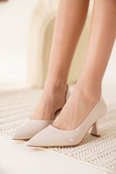 modaiconu Women's Beige Patent Leather Heeled Shoes Tr08Ms44F