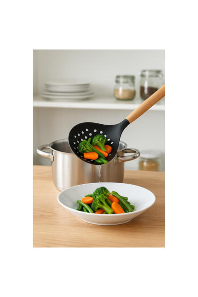 NY JOY Black Silicone Colander with Bamboo Handle 9×32×3 cm