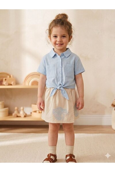 SÜSLÜ KİDS Girl's Linen/Denim Cotton Fabric Shorts Skirted Shirt Set