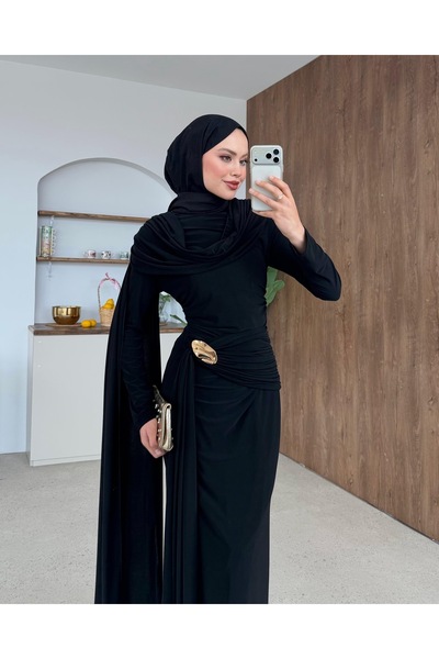 Adalenna Moda Tasarım Şal Detaylı Tokalı Sandy Şık Elbise