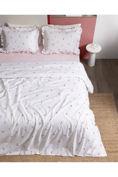 Madame Coco Fanny Single 100% Cotton Printed Duvet Cover Set with Ruffled Sheets - White/Red