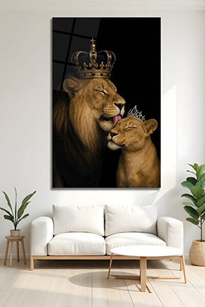 AltmışAltı King Queen Aslan Temalı Lüks Duvar DekoruTemperli Cam Tablo