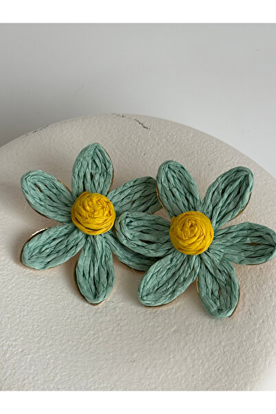 BHR AKSESUAR Blue Yellow Flower Straw Earrings (4.5 cm)