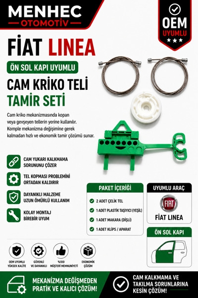 Menhec Otomotiv Fiat Linea Ön Sol Cam Kriko Teli Tamir Seti Kapı Cam Mekanizm...
