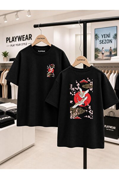 playwear تي شيرت صيني من Leylekler مطبوع من الأمام والخلف، مصنوع من القطن بنس...