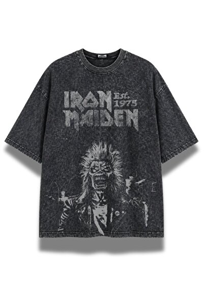 Fuddy Moda Tricou lavabil cu imprimeu Iron Maiden, design unisex, tricou retr...