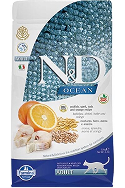 N&D Ocean Düşük Tahıllı Morina Balığı ve Portakallı Yetişkin Kedi Maması 1,5kg