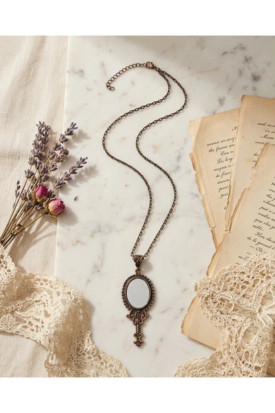 Dorvina Bronz Kolye Otantik Takı Aynalı Model Madalyon Vintage Uzun Zincir Ka...