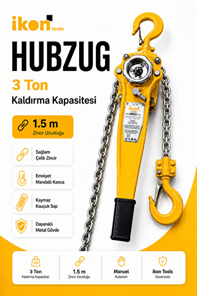 İkon Tools 3 Ton 1.5 m Hubzug Zincirli Çektirme Manuel Kaldırma Caraskal Mand...