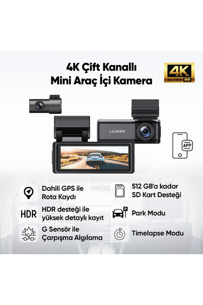 Laiser Bravo 1 Araç Kamerası | 2 Kanal 2K + FHD Arka | HDR | GPS Wi-Fi | 3,2"...