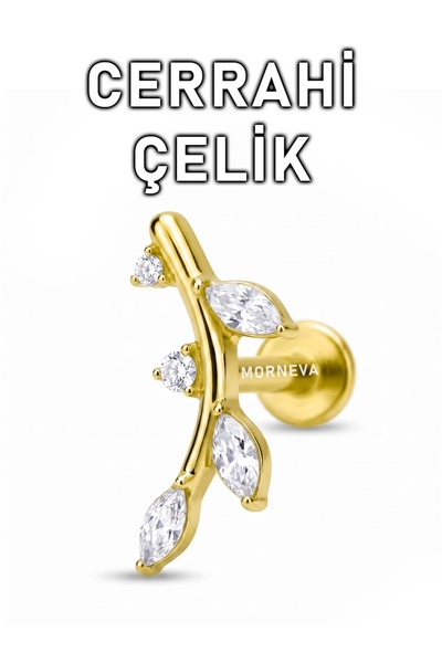 MORNEVA Cerrahi Çelik Taşlı Dal Helix Conch Tragus Kulak Piercingi (1 Adet)