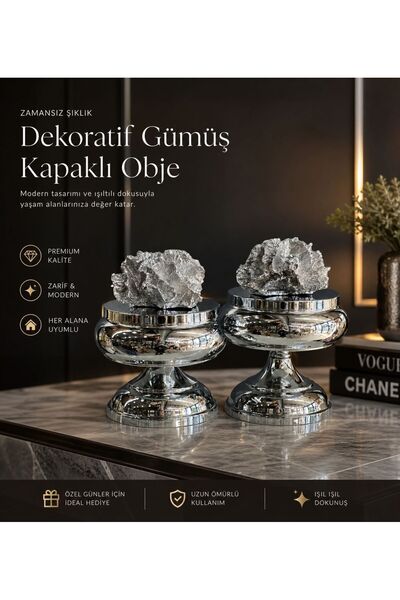 RoyalDecorHome Dekoratif 2'Li Mercan Ayaklı Şekerlik, Kutu&Obje Gümüş/Gold
