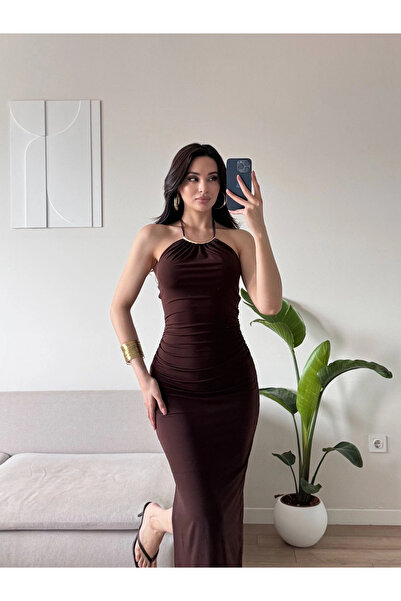 Zoom Butik Halter Yaka Aksesuarlı Elbise - KAHVE
