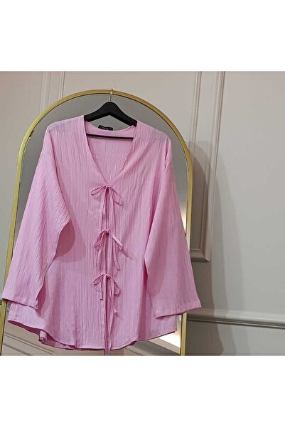 MODA TESETİVA Önden Bağlamalı V Yaka Viskon Bluz - Pembe