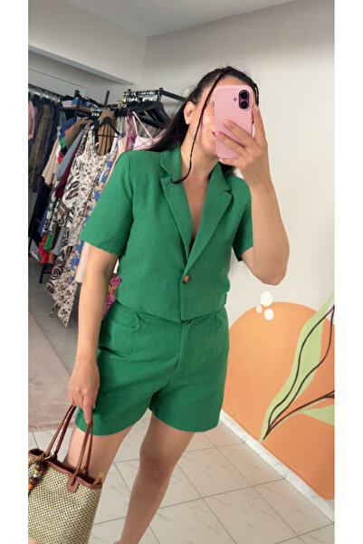 VENTUS MODA&ÇANTA Yeşil Keten İkili Takım Şortlu Blazer Ceketli Yazlık Takım