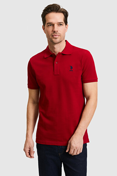 U.S. Polo Assn. تي شيرت رجالي ذو قصة ضيقة وياقة بولو باللون الأحمر الداكن 503...