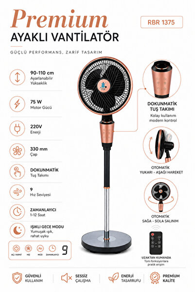 RBR Premium Ayaklı Vantilatör 75W Dokunmatik Kumandalı 9 Kademeli Sessiz Fan