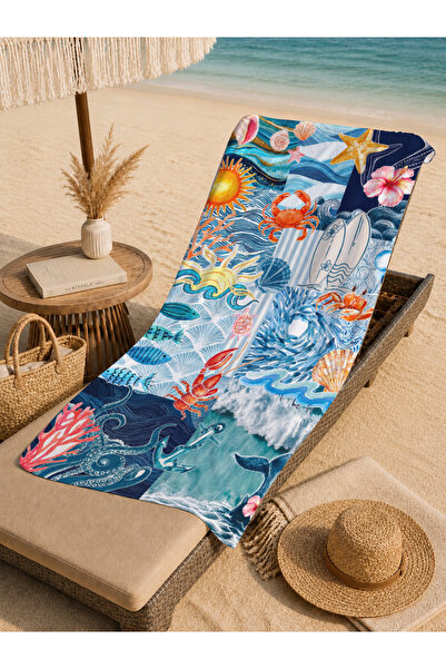 Evmila Fish and Sea Themed Beach Towel with Blue Background