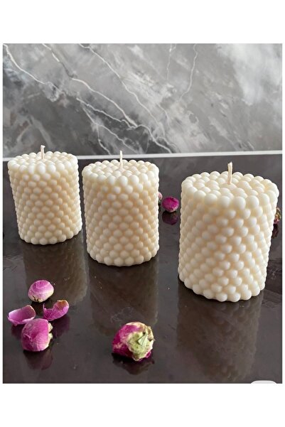 STRAWLİN MAISON Pearl Dokulu 3'lü Silindir Mum Seti - İnci Taneli Yüzey Tasar...