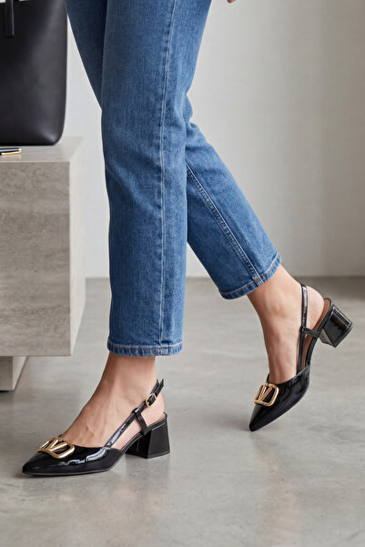 Liarca V-Royal Black Patent Leather Shiny Gold V-Buckle Detailed Elegant Slin...