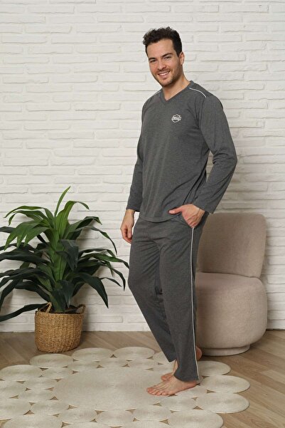 ALİMER Men's Pajama Set - Anthracite Embroidered Piping Long Sleeve Combed Co...