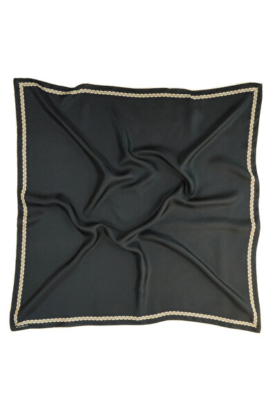 Triko Mısırlı Black Silk Scarf with Geometric Pattern on the Edge