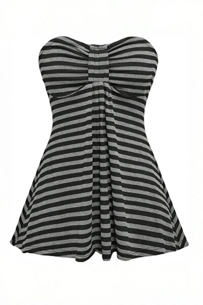 İsra Ayyıldız Moonstar Collection Siyah Antrasit Çizgili Twist Y2K Straplez C...