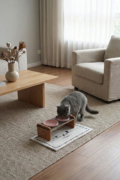 GOBYPET Ahşap Standlı Seramik Kaseli Kedi Ve Köpekler İçin Mama-Su Kabı Antrasit