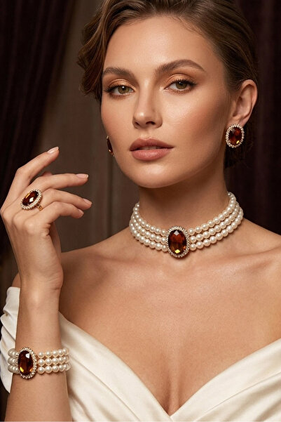 Happyline Cam İncili kahve taşlı gold kaplama inci choker kolye tasarım şık k...